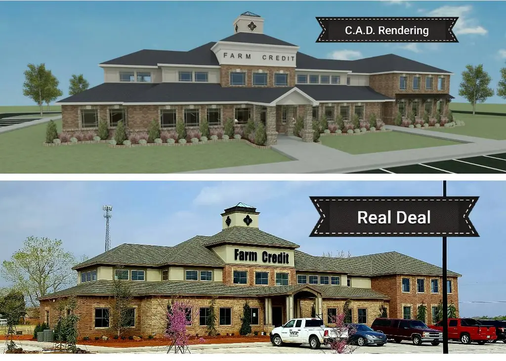 Sawatzky Construction comparison of the Farm Credit building: the CAD rendering beside a photograph of the completed building